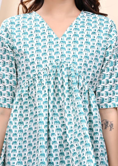 Green Elephant Print Sanganeri Women's Top
