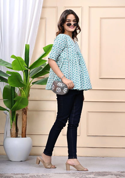 Green Elephant Print Sanganeri Women's Top