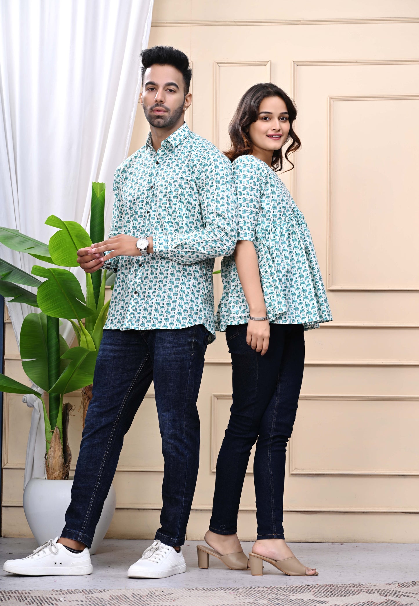 Green Elephant Print Sanganeri Combo