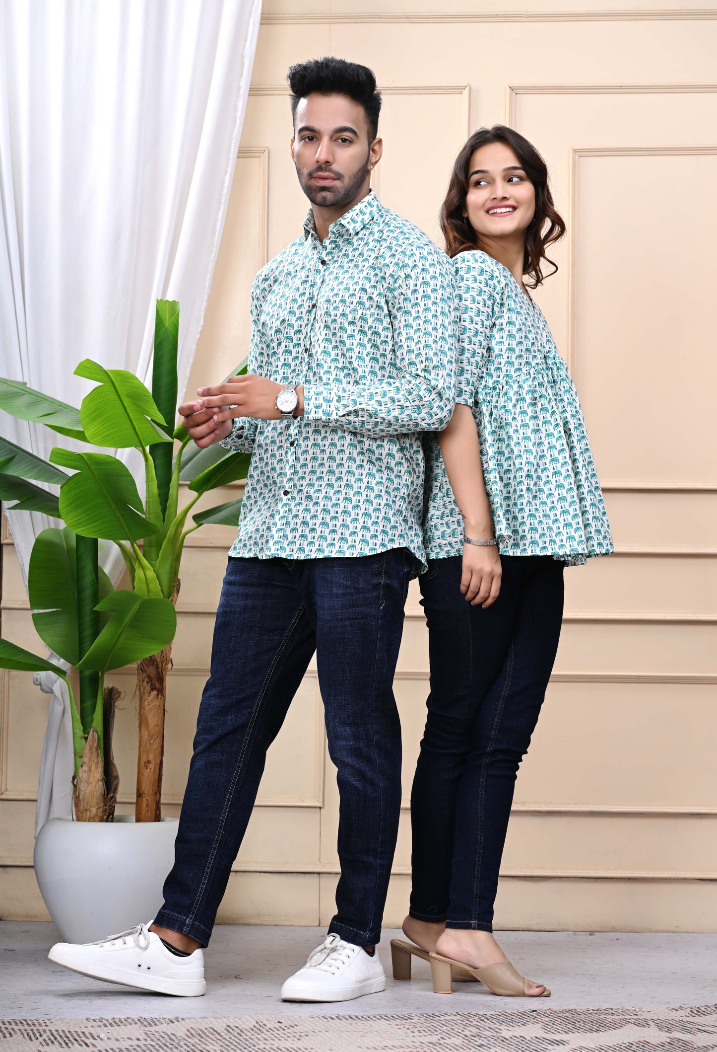 Green Elephant Print Sanganeri Combo