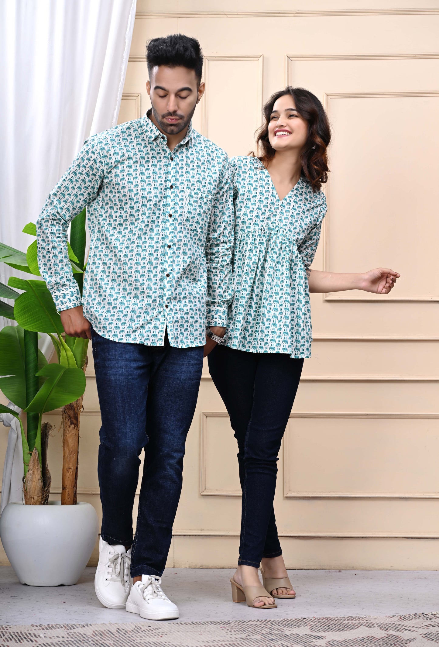 Green Elephant Print Sanganeri Combo