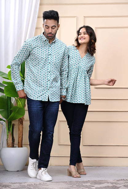 Green Elephant Print Sanganeri Combo