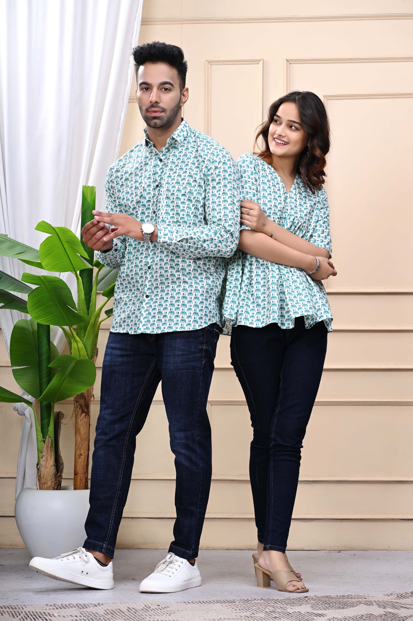 Green Elephant Print Sanganeri Combo