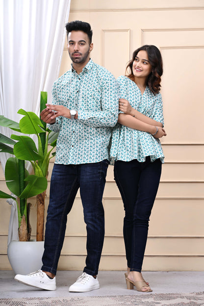 Green Elephant Print Sanganeri Combo