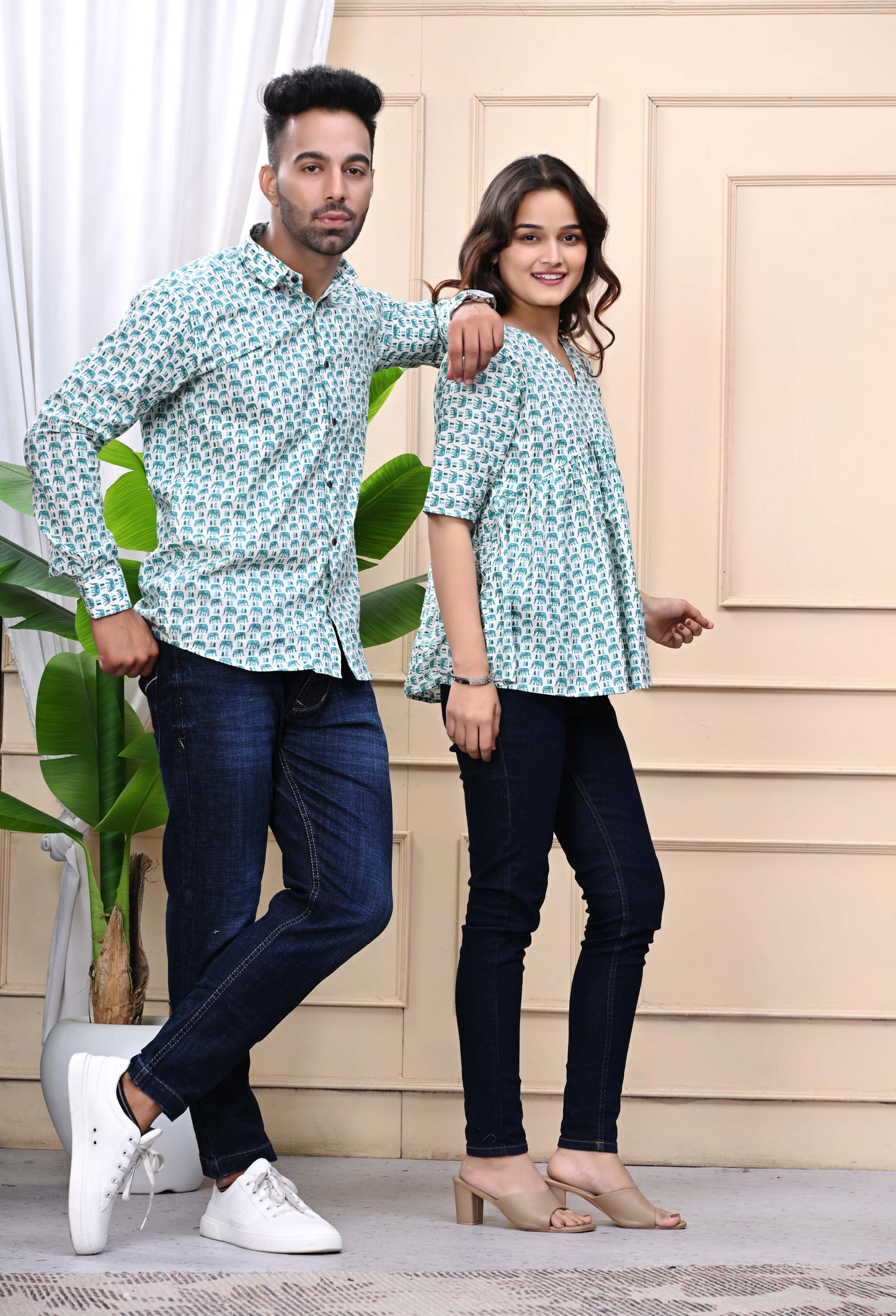 Green Elephant Print Sanganeri Combo