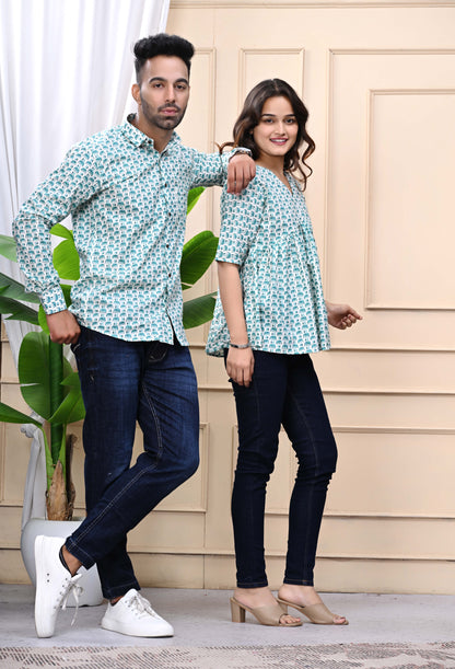 Green Elephant Print Sanganeri Combo