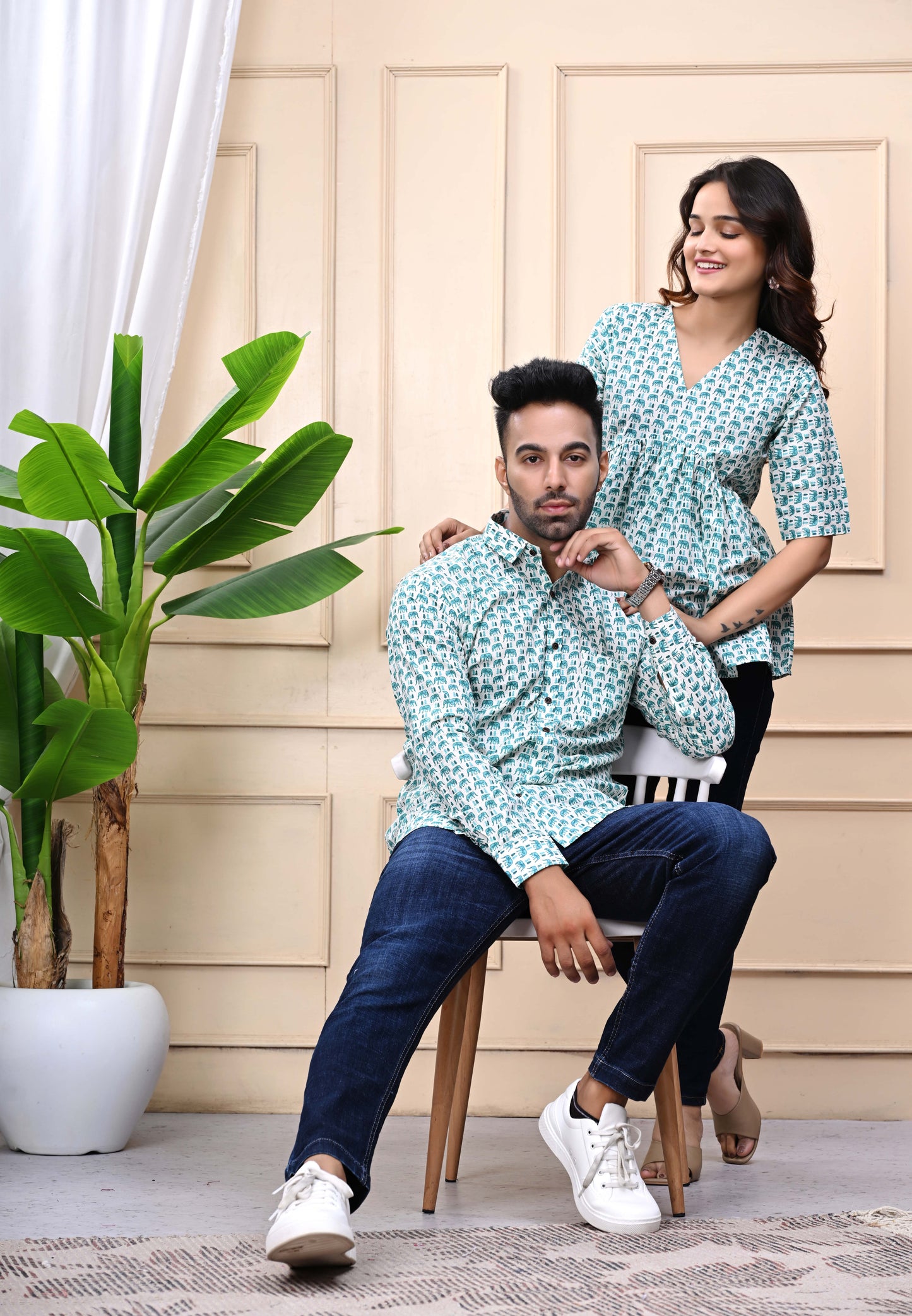 Green Elephant Print Sanganeri Combo