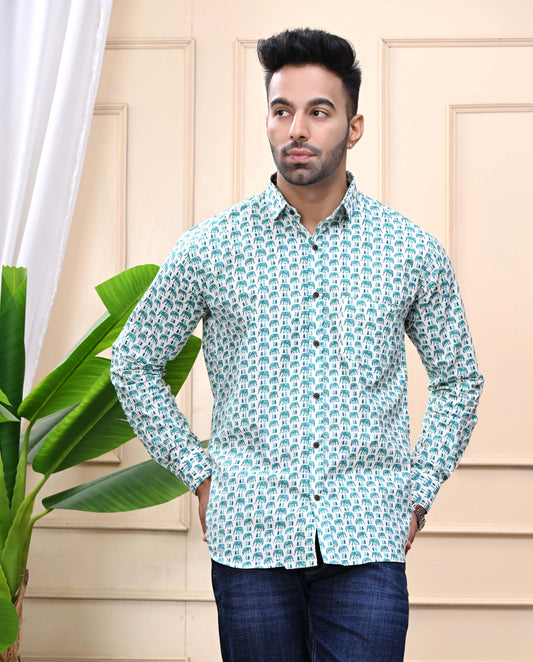 Green Elephant Print Sanganeri Shirt