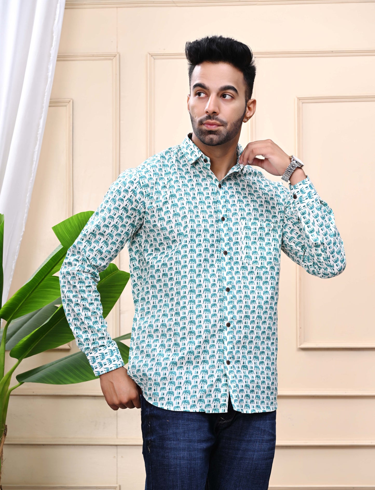 Green Elephant Print Sanganeri Shirt