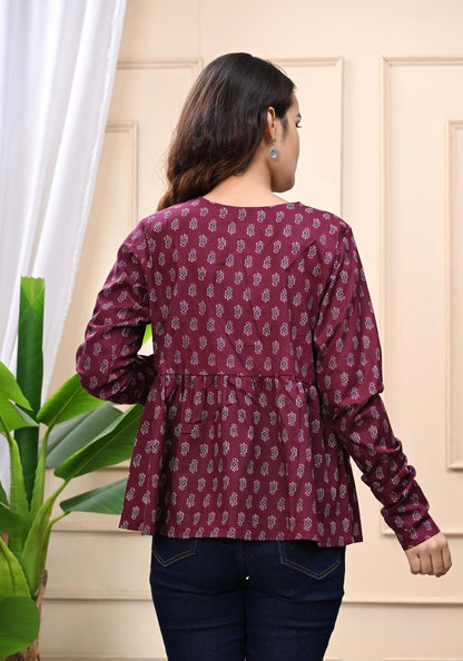 Maroon - Floral Print Sanganeri Women's Top