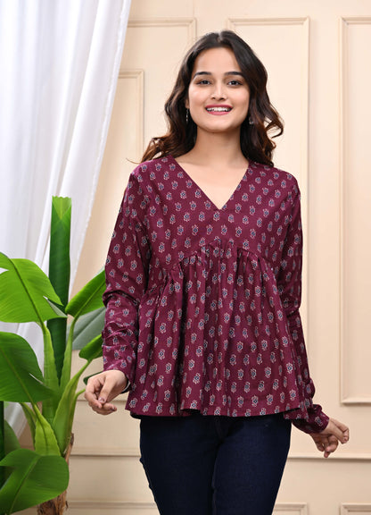 Maroon - Floral Print Sanganeri Women's Top