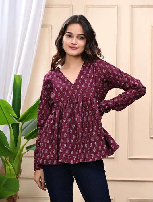 Maroon - Floral Print Sanganeri Women's Top