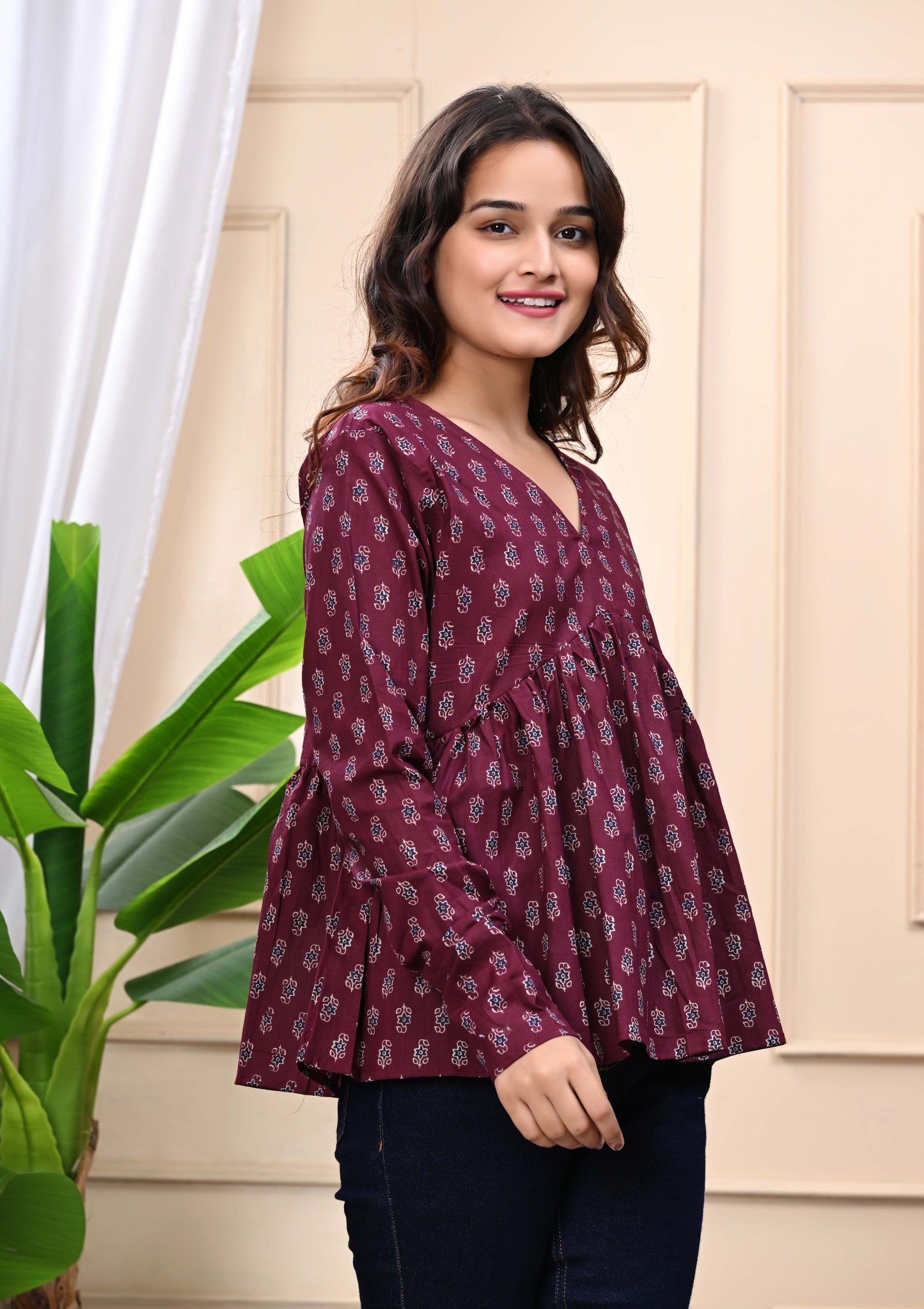 Maroon - Floral Print Sanganeri Women's Top