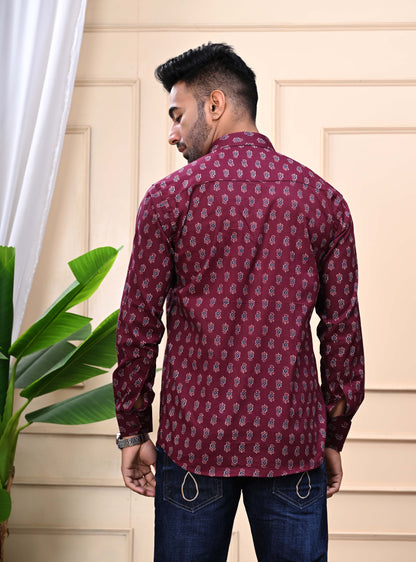 Maroon - Floral Print Sanganeri Shirt