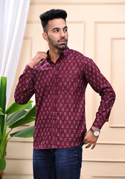 Maroon - Floral Print Sanganeri Shirt