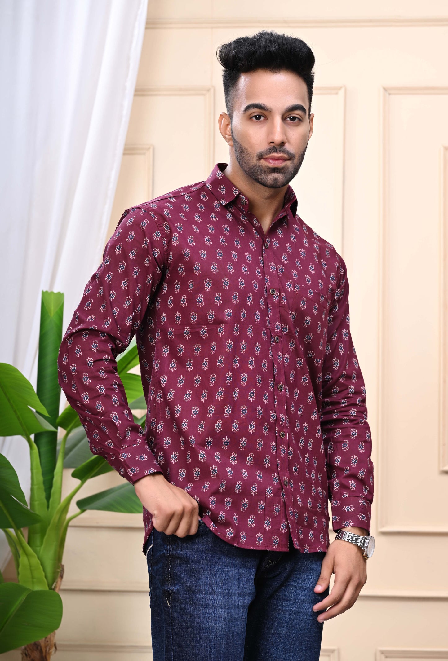 Maroon - Floral Print Sanganeri Shirt