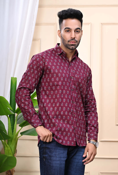 Maroon - Floral Print Sanganeri Shirt