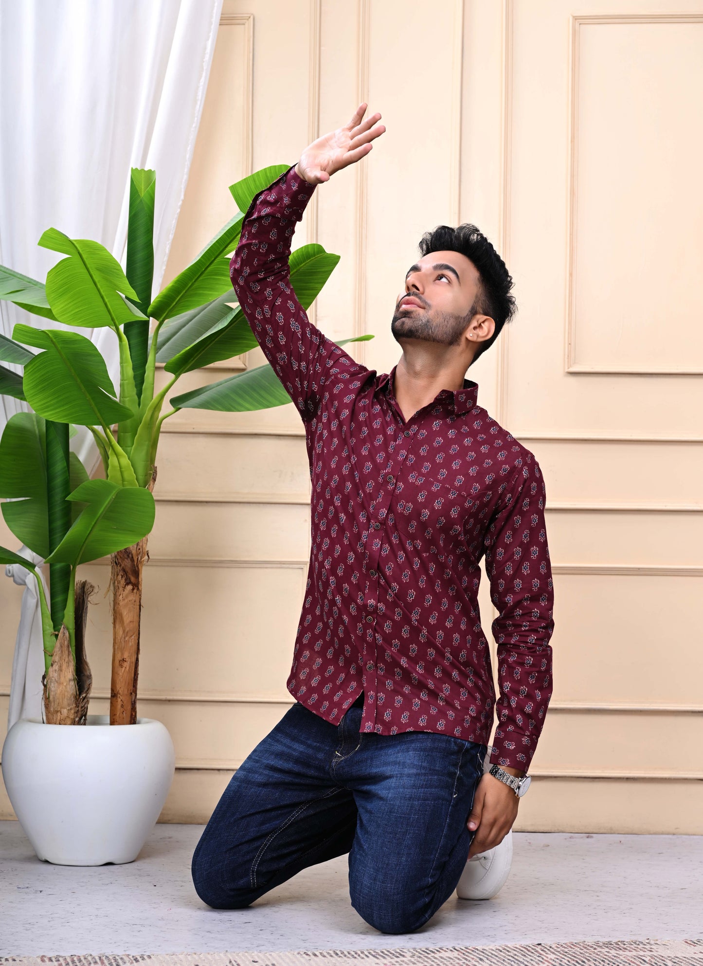 Maroon - Floral Print Sanganeri Shirt