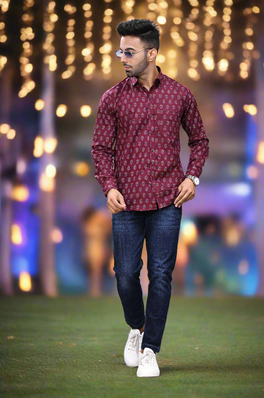 Maroon - Floral Print Sanganeri Shirt