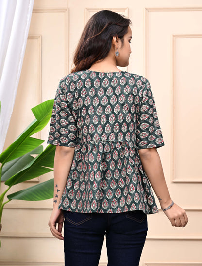 Green - Floral Print Sanganeri Women's Top