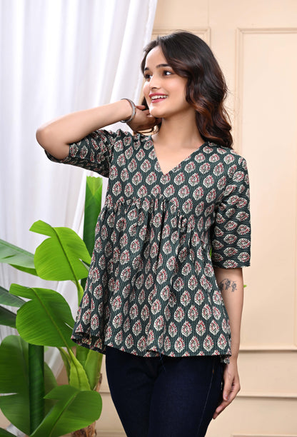 Green - Floral Print Sanganeri Women's Top