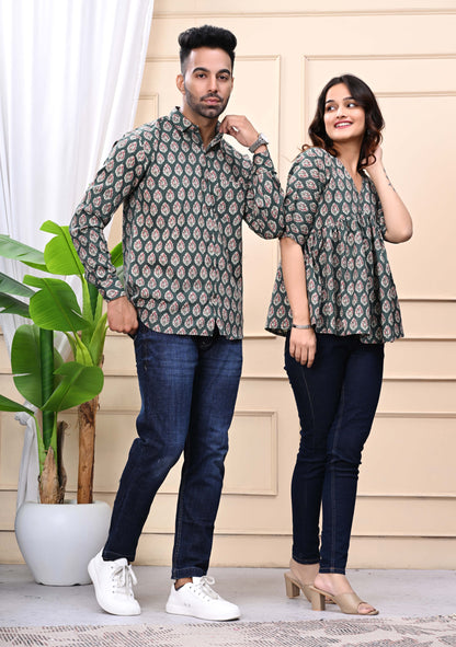 Green Floral Print Sanganeri Combo