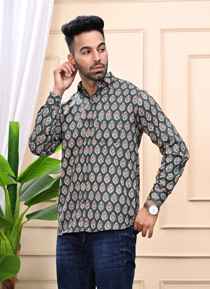Green - Floral Print Sanganeri Shirt