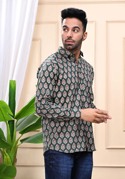 Green - Floral Print Sanganeri Shirt