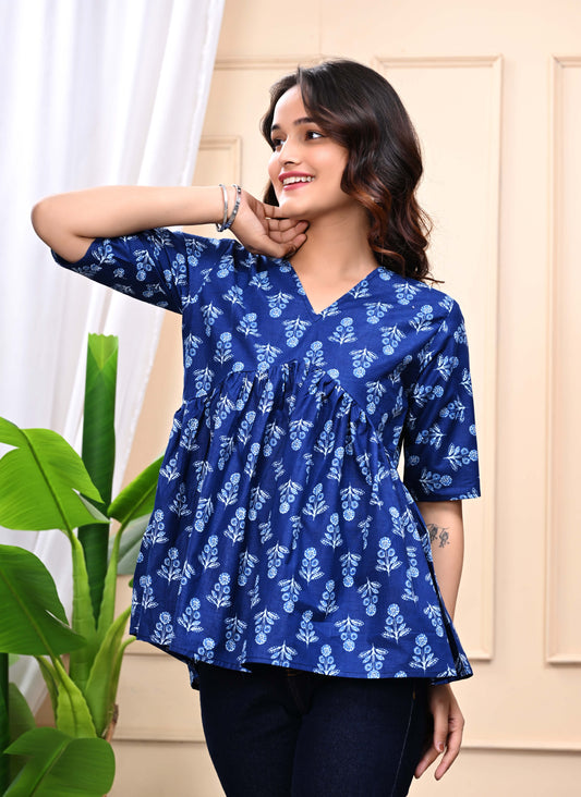 Blue Floral Sanganeri Women's Top