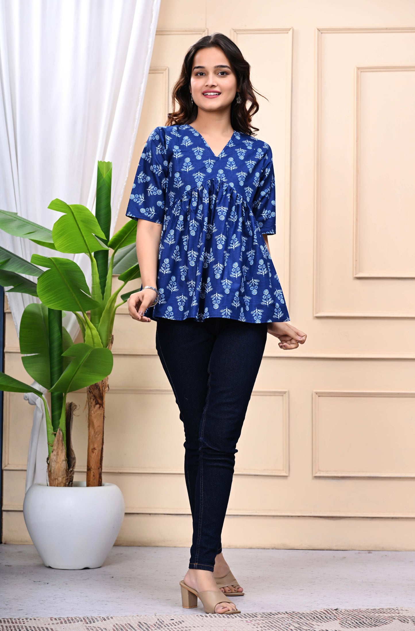 Blue Floral Sanganeri Women's Top