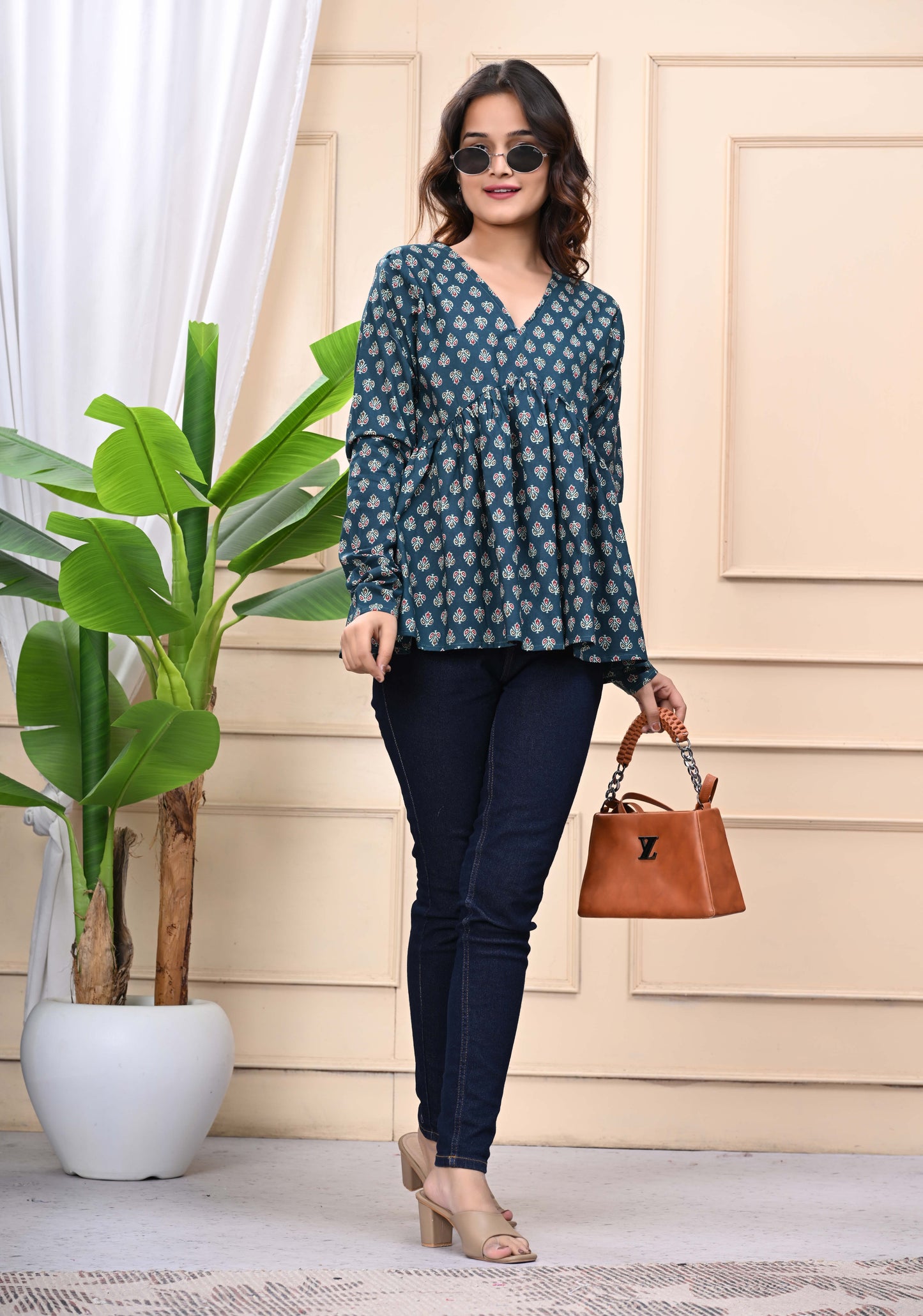 Green - Gold Classic Sanganeri Women's Top