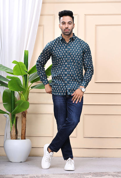 Green - Gold Classic Sanganeri Shirt