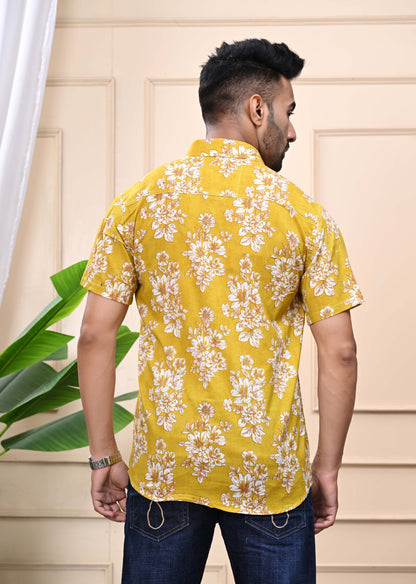 Floral Print Yellow Classic Sanganeri Shirt