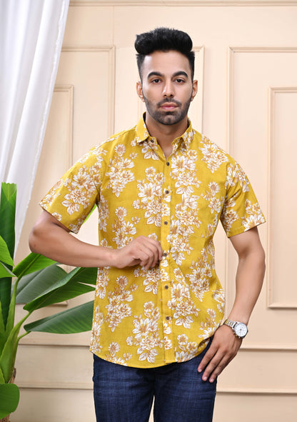 Floral Print Yellow Classic Sanganeri Shirt