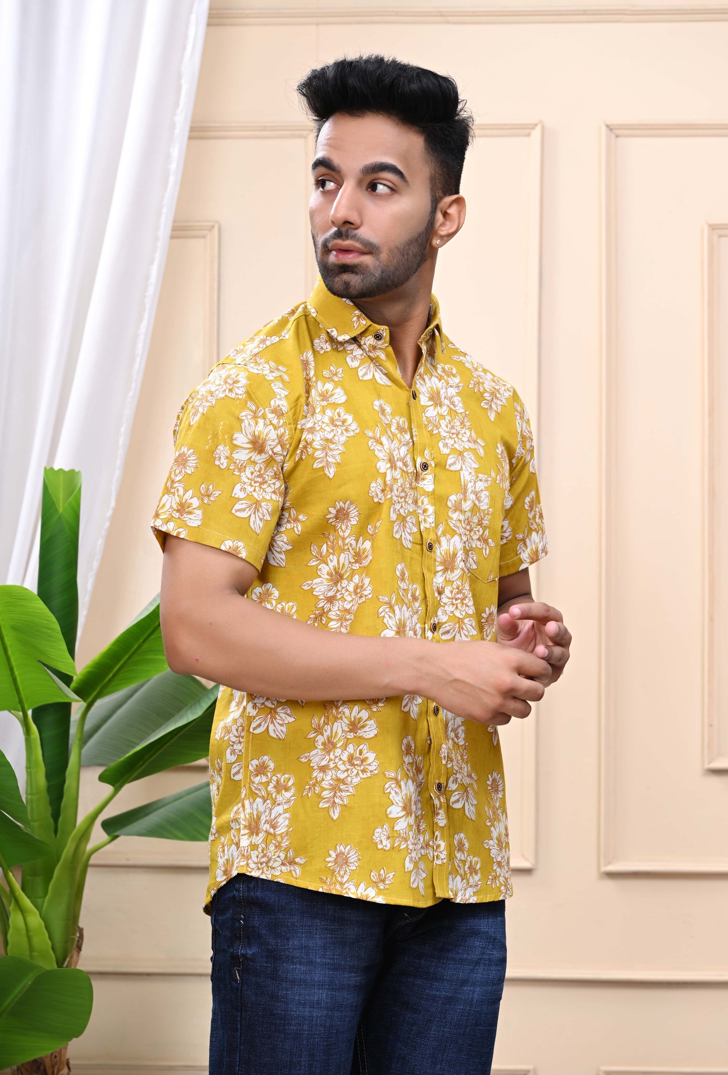 Floral Print Yellow Classic Sanganeri Shirt