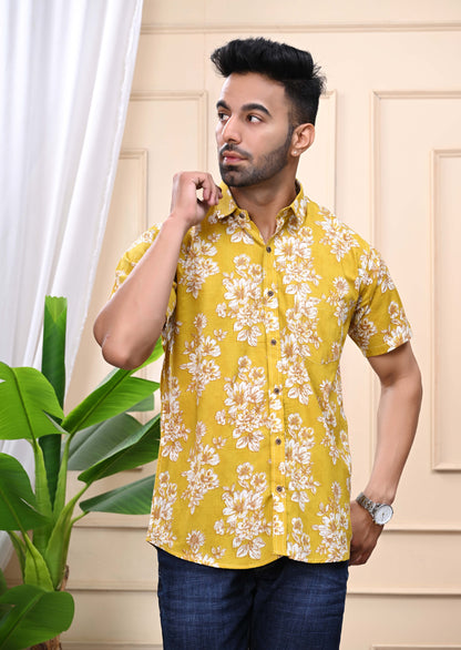 Floral Print Yellow Classic Sanganeri Shirt