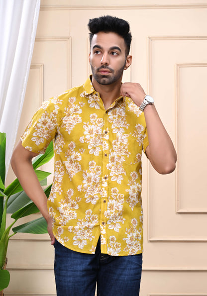 Floral Print Yellow Classic Sanganeri Shirt