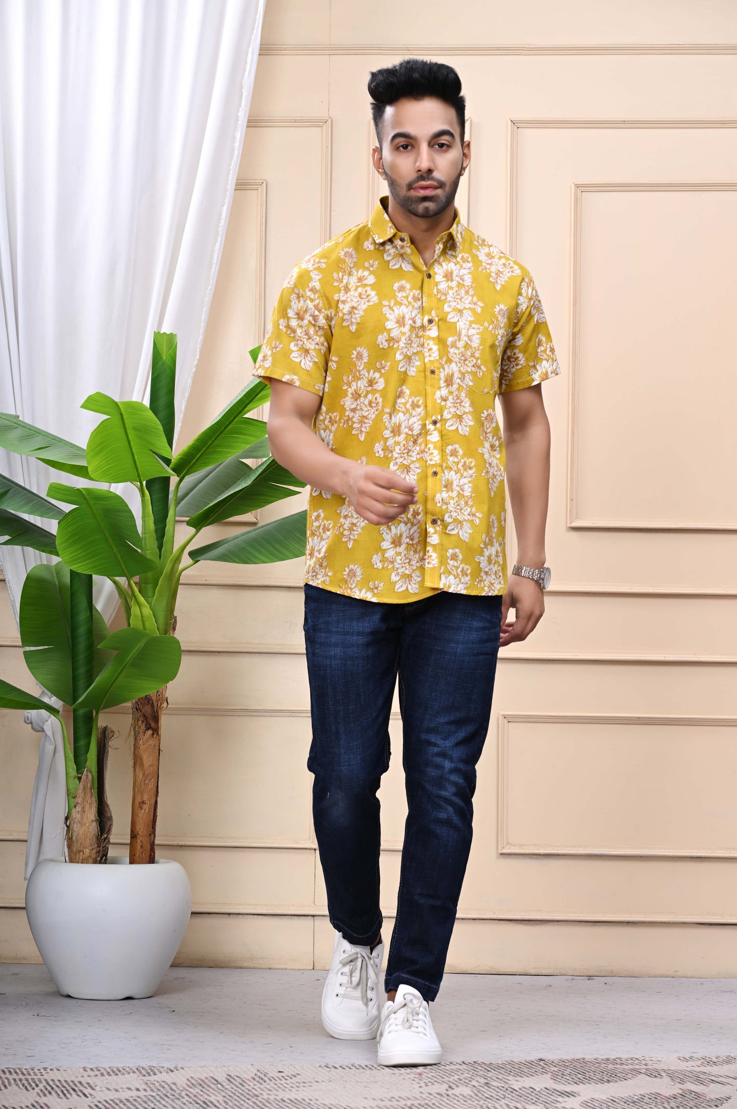 Floral Print Yellow Classic Sanganeri Shirt