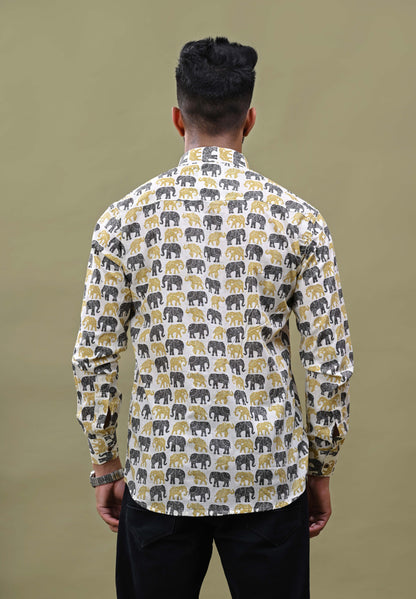 Black Yellow Elephant Printed Sanganeri Shirt