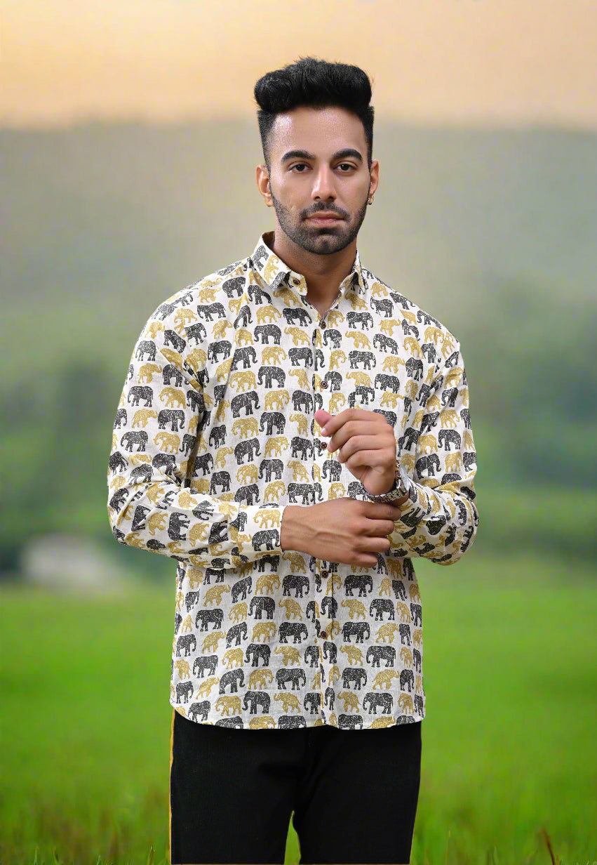 Black Yellow Elephant Printed Sanganeri Shirt