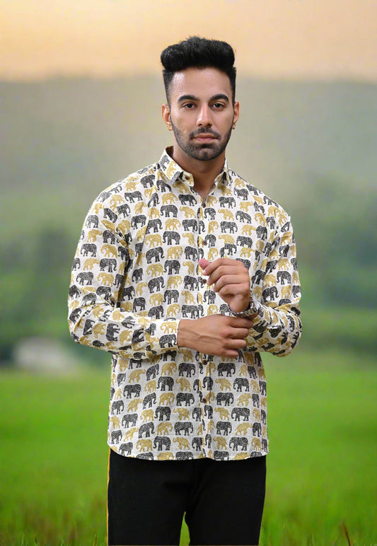 Black Yellow Elephant Printed Sanganeri Shirt