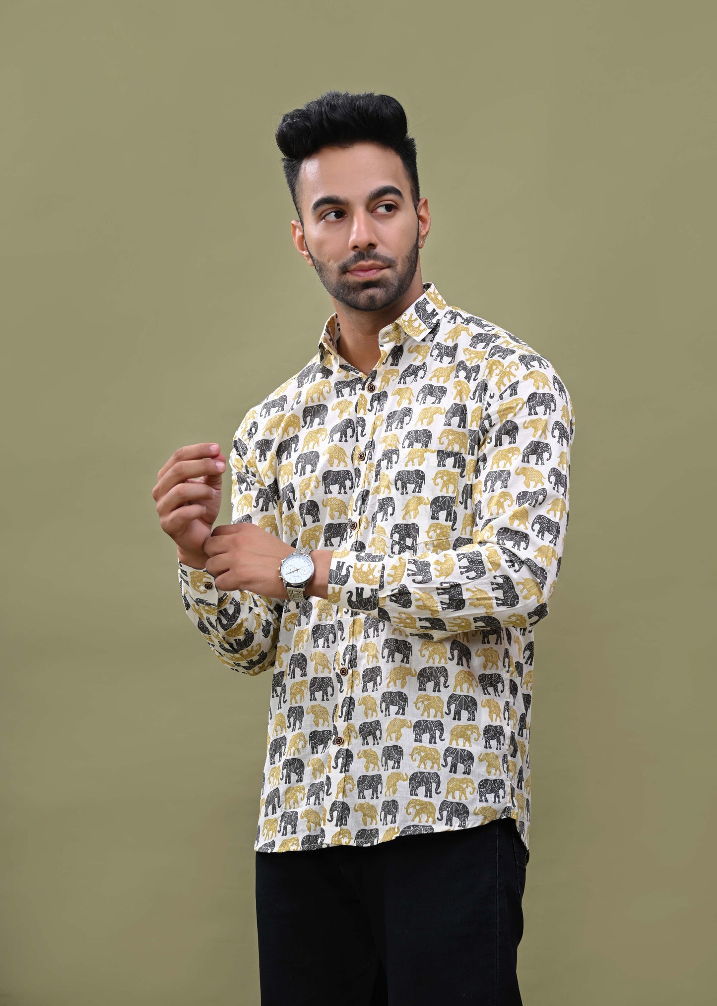 Black Yellow Elephant Printed Sanganeri Shirt