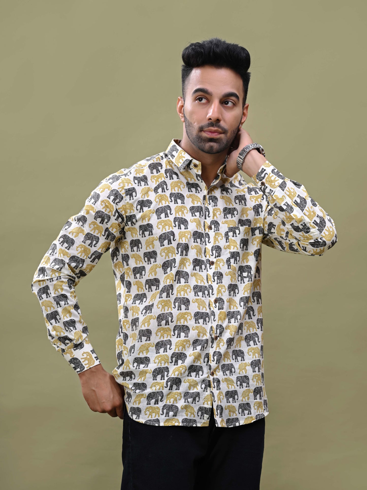 Black Yellow Elephant Printed Sanganeri Shirt