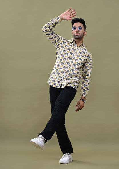 Black Yellow Elephant Printed Sanganeri Shirt