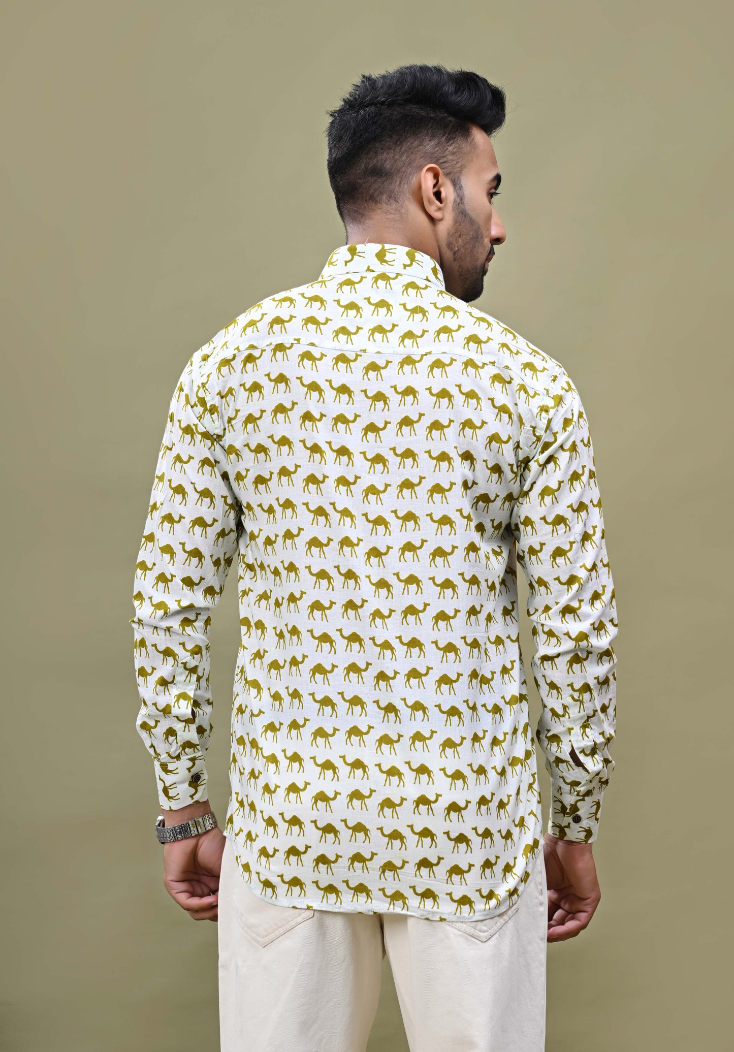 Camel Printed Sanganeri Printed Cotton Shirt