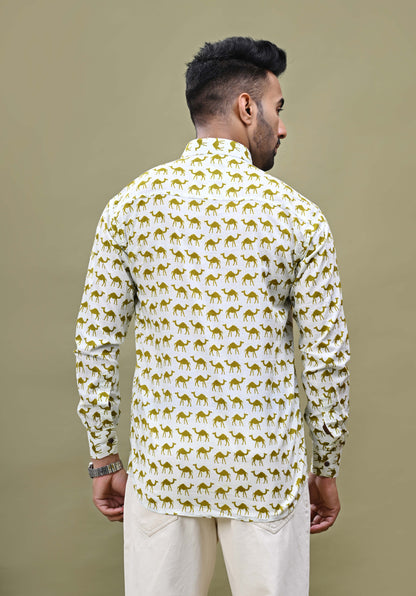 Camel Printed Sanganeri Printed Cotton Shirt