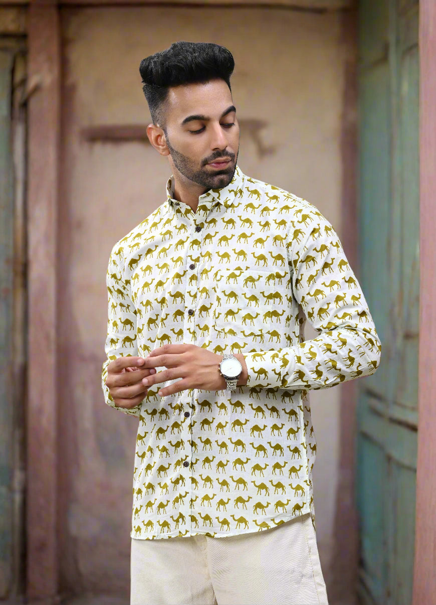 Camel Printed Sanganeri Printed Cotton Shirt