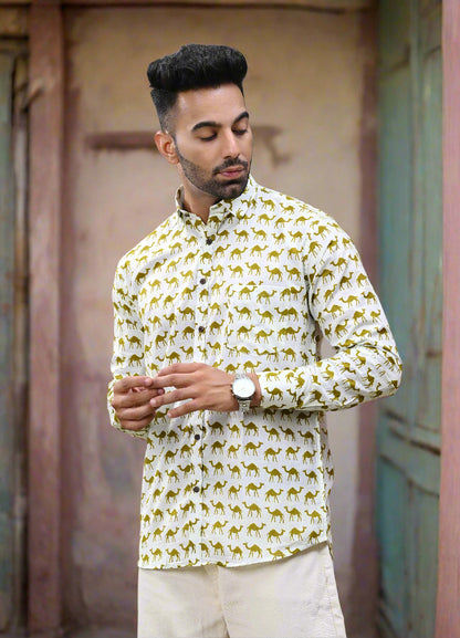 Camel Printed Sanganeri Printed Cotton Shirt