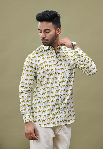 Camel Printed Sanganeri Printed Cotton Shirt