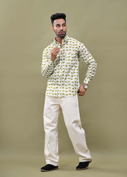 Camel Printed Sanganeri Printed Cotton Shirt